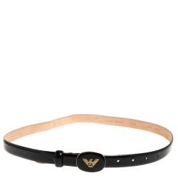 مملوكة مسبقًا حزام أمبوريو أرماني رفيع إبزيم شعار جلد لامع أسود 90 سم