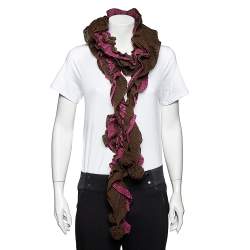 Pre Owned Emporio Armani Brown & Magenta Ruffled Pom Pom Detail Wool Stole