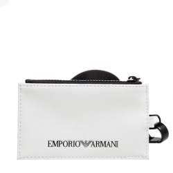 Pre Owned Emporio Armani White/Black Leather Badge Holder with Logo Lanyard