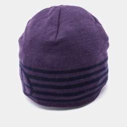 Pre Owned Emporio Armani Purple Striped Wool Beanie 56 cm