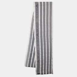 Pre Owned Emporio Armani White Striped Cottom & Linen Scarf