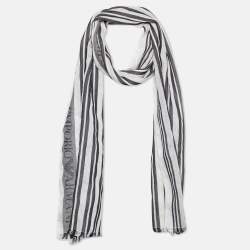 Pre Owned Emporio Armani White Striped Cottom & Linen Scarf