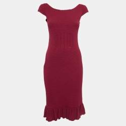 Pre Owned Emporio Armani Red Textured Knit Flounce Mini Dress S
