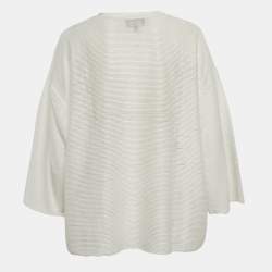 Pre Owned Emporio Armani White Stripe Textured Stretch Knit T-Shirt M