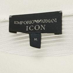 Pre Owned Emporio Armani White Stripe Textured Stretch Knit T-Shirt M