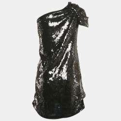 Pre Owned Emporio Armani Black Sequined Mesh One-Shoulder Mini Dress M