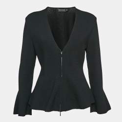 Pre Owned Emporio Armani Black Textured Knit Zip-Up Cardigan S