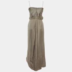 Pre Owned Emporio Armani Grey Silk Floral Applique Detail Maxi Dress S