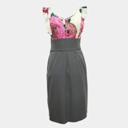 Pre Owned Emporio Armani Pink/Grey Floral Print Satin and Wool Ruffled Short Dress M