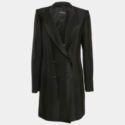 Emporio Armani Black Stripe Wool Blend Double Breasted Mid-Length Coat XL