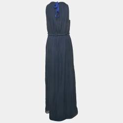 Pre Owned Emporio Armani Navy Blue Silk Waist Ruffle Trim Sleeveless Maxi Dress M 