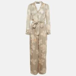 Pre Owned Emporio Armani Beige Floral Printed Silk Belted Jumpsuit S
