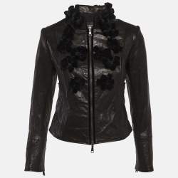 Pre Owned جاكت أمبريو أرماني جلد مخملي أسود بزخارف زهرية مقاس صغير (سمول)