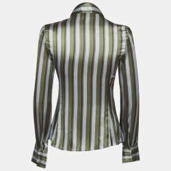 مملوكة مسبقًا Emporio Armani Green/Grey Striped Silk Detachable Bow Detail Shirt S