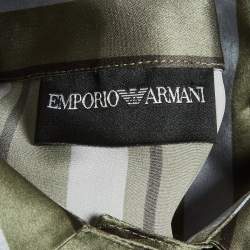 مملوكة مسبقًا Emporio Armani Green/Grey Striped Silk Detachable Bow Detail Shirt S