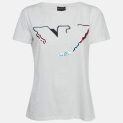 Pre Owned Emporio Armani White Logo Sequin Jersey T-Shirt M