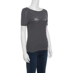 Pre Owned Emporio Armani Grey Knit Perforated Bodice Detail Short Sleeve Top S