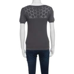 Pre Owned Emporio Armani Grey Knit Perforated Bodice Detail Short Sleeve Top S