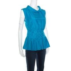 Pre Owned Emporio Armani Blue Embroidered Cotton and Silk Sleeveless Peplum Top S