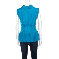 Pre Owned Emporio Armani Blue Embroidered Cotton and Silk Sleeveless Peplum Top S