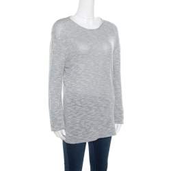 Pre Owned Emporio Armani Grey and White Knit Crew Neck Sweater XL