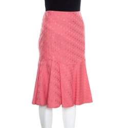 Pre Owned Emporio Armani Pink Geometric Pattern Cotton and Linen Pleated Hem Skirt L