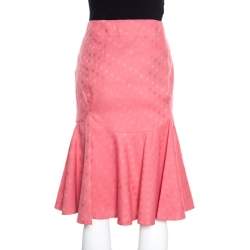 Pre Owned Emporio Armani Pink Geometric Pattern Cotton and Linen Pleated Hem Skirt L