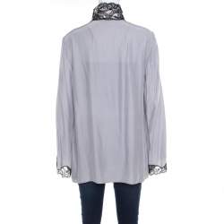 Emporio Armani Pearl Grey Silk Contrast Scalloped Lace Trim Flared Sleeve Shirt L