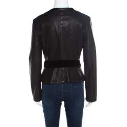Pre Owned Emporio Armani Black Leather Velvet Bow Detail Biker Jacket M