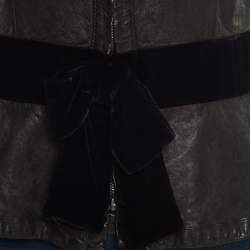 Pre Owned Emporio Armani Black Leather Velvet Bow Detail Biker Jacket M