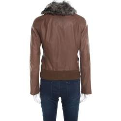Pre Owned Emporio Armani Brown Leather Fur Collar Detail Zip Front Jacket S