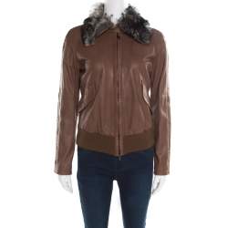 Pre Owned Emporio Armani Brown Leather Fur Collar Detail Zip Front Jacket S