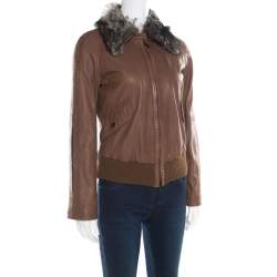 Pre Owned Emporio Armani Brown Leather Fur Collar Detail Zip Front Jacket S