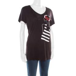 Pre Owned Emporio Armani Black Sequined Applique Detail Lady Motif V-neck T-Shirt L