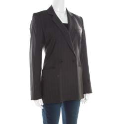 Pre Owned Emporio Armani Grey Striped Wool Double Breasted Blazer M