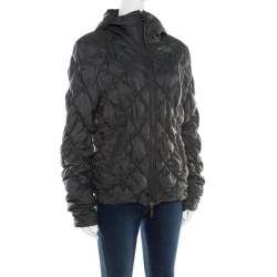 Pre Owned Emporio Armani Olive Green Ruched Diamond Quilted Contrast Piping Hooded Jacket M