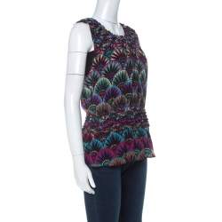 Pre Owned Emporio Armani Multicolor Floral Print Silk Elasticized Ruffle Detail Sleeveless Top S