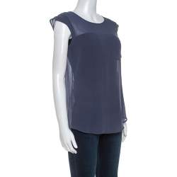 Pre Owned Emporio Armani Sage Blue Silk Cap Sleeve Sheer Top S
