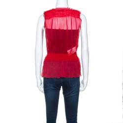Pre Owned Emporio Armani Red Chiffon Elasticized Ruffle Sheer Sleeveless Top S