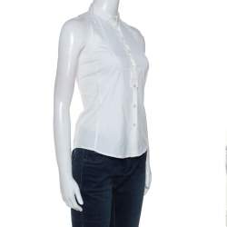 Pre Owned Emporio Armani White Cotton Blend Sleevless Button Front Top S