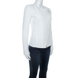 Pre Owned Emporio Armani White Waffle Knit Asymmetric Zip Front Blazer M