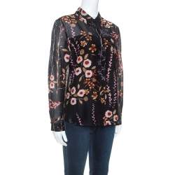 Pre Owned Emporio Armani Black Floral Print Sheer Cotton and Silk Button Front Shirt M