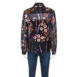 Pre Owned Emporio Armani Black Floral Print Sheer Cotton and Silk Button Front Shirt M