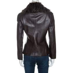 Pre Owned Emporio Armani Brown Leather Fur Collared Vintage Jacket M