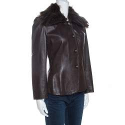 Pre Owned Emporio Armani Brown Leather Fur Collared Vintage Jacket M