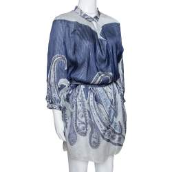 Pre Owned فستان أمبوريو أرماني حرير مطبوع أزرق كحلي بحزام قصير مقاس متوسط (ميديوم)