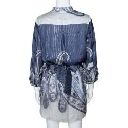 Pre Owned فستان أمبوريو أرماني حرير مطبوع أزرق كحلي بحزام قصير مقاس متوسط (ميديوم)