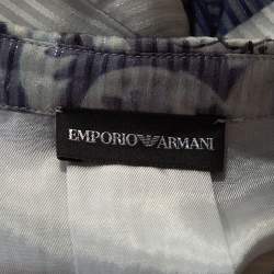 Pre Owned فستان أمبوريو أرماني حرير مطبوع أزرق كحلي بحزام قصير مقاس متوسط (ميديوم)