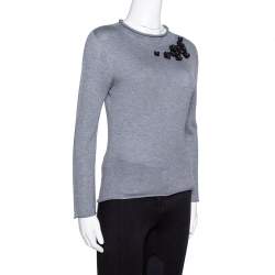 Pre Owned Emporio Armani Grey Cashmere Blend Floral Applique Long Sleeve Top S 