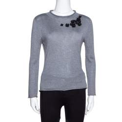 Pre Owned Emporio Armani Grey Cashmere Blend Floral Applique Long Sleeve Top S 